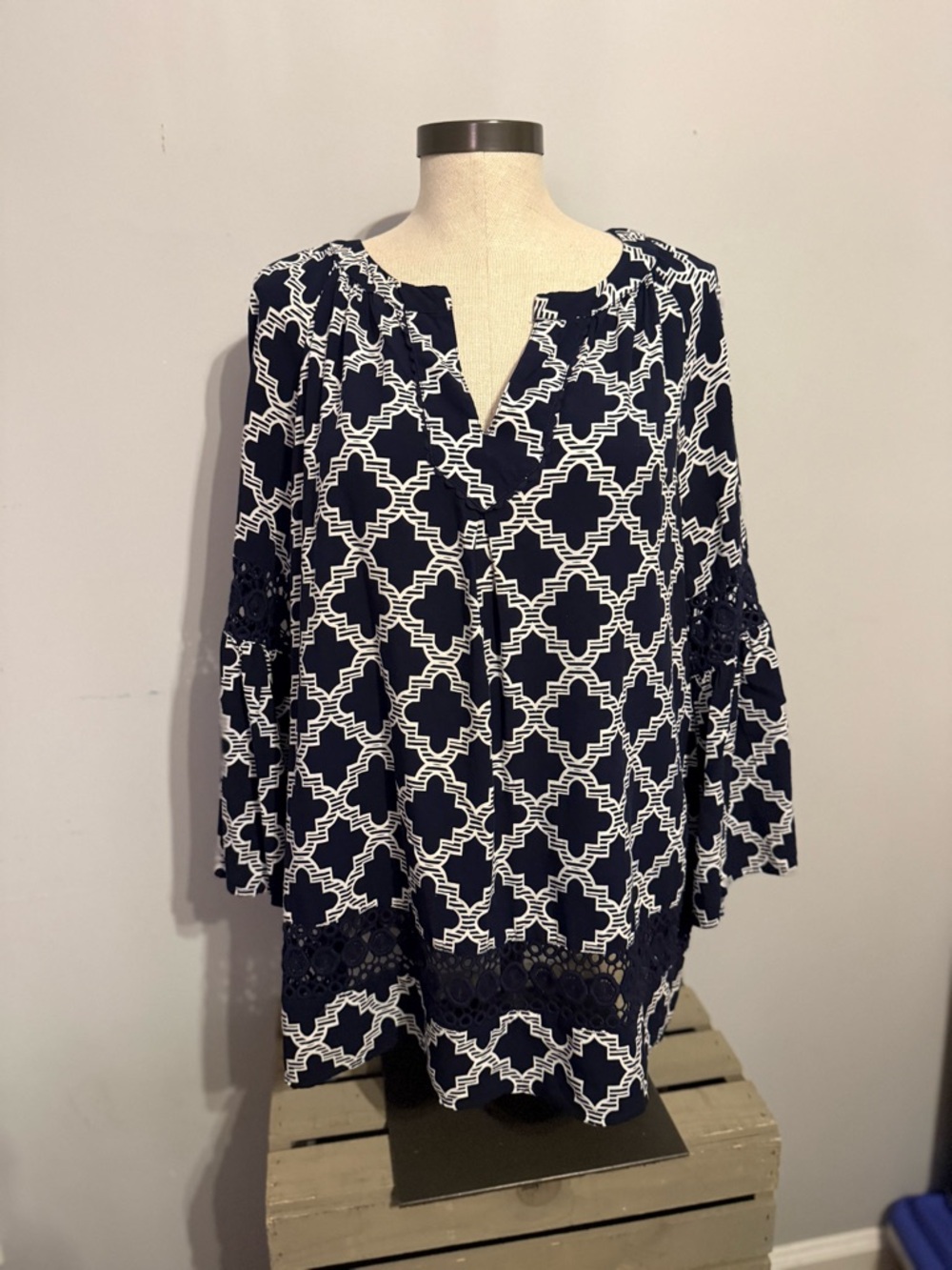 crown & ivy Navy and White Patterned Blouse